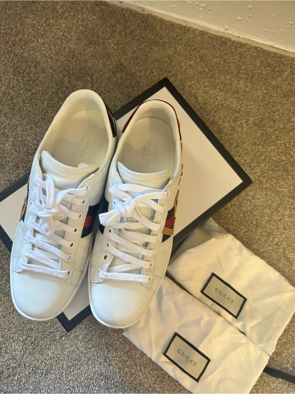 GUCCI White 'Loved' Leather Sneaker with Red & Blue Heel Tabs